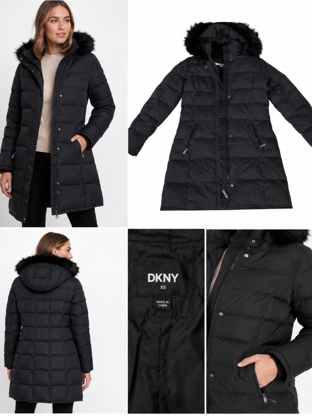 DkNy long puffer coat faux fur hoodie size XS